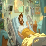 **a grinning man in a hospital bed, round face, glasses, brown hair, neatly trimmed brown beard, giving a thumbs up, in the style of a classic Warner Bros cartoon, --ar 5:3** - Image #1 &lt;@1062998643696750602&gt;