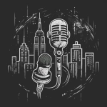 **a logo that is a high contrast black and white illustration of a smart phone, a microphone and a camera behind a city scape. the illustration is in 80s graffiti --v 6.0 --stylize 500** - Image #1 <@1061750239708577893>