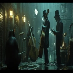 **Rats in suits and fedoras playing Jazz on vintage instruments in a dimly lit sewer, surrounded by mist and flickering lanterns; in the style with bold geometric shapes and expressive lines, blended with the cinematic noir and the moody atmospheric lighting, in stunning 32k resolution. Harlem Renaissance. --ar 16:9 --v 6.1 --p ullrsjz** - Image #1 <@935178814189862912>