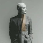 **human features half male and half female in a single person, standing pose with face to the left, in creative design --v 7.0 --s 750** - Image #1 <@1099146359967338649>