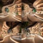 **a curved exhibition space for 8 different alcohol brands, a central swirl in the middle, white space with warm lighting , different coloured brands in the white shelves, interactive element in the space, meeting tables in the space, --v 7.0** - Variations (Strong) by <@738838021331484804> (fast)