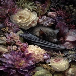 **a dark, moody, victorian oil painting in impasto style of a bat nestled in flowers in black, cream, gray, and deep purple, as well as ferns and thickets. --ar 3:4 --v 7.0** - Image #2 <@693132661379825714>