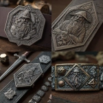 **create an image of Old-look metal Wizard dnd character & dnd icons on a metal belt or strap, in 3D style - have some dnd style border, lines, signs - all comet designs --v 7.0** - <@1054926864520581210> (fast)