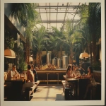 **Vintage Polaroid in the style of slim Aarons, but the decor and dress, of 2025. The interior of a clean modern liquor distillery with a lounge bar in Los Angeles with people casually dressed are sitting on benches, lit by skylights, and side windows, with palm trees overhead, drinking whiskey having fun dancing. Behind them is gigantic beautiful whiskey distillery. Nostalgia in the style of Provia. --ar 128:93 --v 6.1** - Image #4 <@1090364262091866152>
