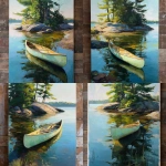 **<https://s.mj.run/fQ-4uXzqz34> an abstract acrylic painting of a georgian bay island in spring with a pale green canoe on the shore. Towering white pines and rocky shoreline. Make the sunlight at day break. strokes should be long and loose. perspective is looking at the shoreline from the water.** - Variations (Strong) by <@1149448379978489937> (fast)