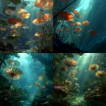 **an underwater forrest with soft light from above, new ammonite amanita species populating the forrest, fantasy illustration style --q 2 --s 250** - <@1144705496306159626> (fast)