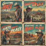 **Distressed horror-comic postcard design, "Greetings from I Hate This Place" in bold retro type, Elena reimagined as a rebel woman in White Sox cap and worn leather jacket, cell-shaded and outlined in gritty comic style, vivid neon-tinted palette with muted shadows, surreal isometric landscape ruined ranch, haunted fields, twisted forest edges, glowing cult symbols carved into stone, mutated creatures lurking in fog twilight lighting with eerie fog, vintage postcard paper grain, torn edges, unsettling yet stylish 1980s horror aesthetic faithful to the game’s promotional art** - Variations (Strong) by <@724956418507014146> (fast)
