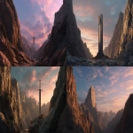 **cinematic hero section for a website landing page of a premium stone monument studio, huge stone monolith standing in the middle of a narrow rocky canyon at sunset, dramatic mountains on both sides, warm golden hour sky with soft pink and blue clouds, realistic textures, brutalist and minimalistic style, ui/ux web design layout with clear space on the left and right for headings, buttons and interface elements, no actual text, no logo, main monolith has a large ancient sword embedded into the stone, metal blade catching the light and slightly glowing, soft natural lighting, high detail, 3d render, ultra realistic, 8k, wide angle, --ar 16:9** - <@1279904296581730344> (fast)
-# Create, explore, and organize on [midjourney.com](<https://midjourney.com/imagine?from_discord=1>)