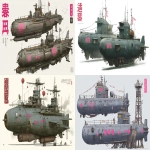 **a dnd style concept art of two feudal japan iron and wooden space submarines, have different number in the hull, same size but not identical, dark industrial scifi style, labeled as marine research submarines, white base color with small hi-viz pink hazard markings, mechanical details, Japanese characters, realistic look, moody atmosphere, a little bit foggy, signal towers, various size nobori, have japanese anime mural on the hulls, signal cabbles, on a white background in the style of Studio Ghibli and Makoto Shinkai, cel-shaded, full-body, cartoon, 2D game art --ar 11:5** - <@1043498067623686144> (fast)
-# Create, explore, and organize on [midjourney.com](<https://midjourney.com/imagine?from_discord=1>)