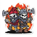 **Ad for Axe throwing company. A skeleton Lumberjack, wearing a Red Buffalo Plaid Beanie and Shirt and a Skeleton Viking Wearing Body Armor fighting each other with axes. Fierce, Angry, Flames, Skulls, Crows, Cartoon, Thick Black Outline, White Background, Sticker, Vector --v 7.0** - Upscaled by <@1067982535730151454> (relaxed)
