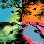 **epic explosive comic book style silhoette of a kid in a harness repelling through the tree top, --ar 9:16 --v 7.0** - <@694537660894806087> (fast)