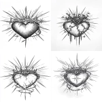 **a horror art version Line drawing of a sacred heart with a crown of thorns, nails going through it, rays radiating out from the center, and barbed wire wrapped around it. White background. In the style of an old-school tattoo flash in the style of Sailor Jerry, using thick, bold lines on white paper. --ar 73:113** - <@266536820160987136> (fast)