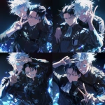 **Still taken shot from anime episode - Levi Ackerman from Attack on Titan and Satoru Gojo from Jujutsu Kaisen. Gojo has white hair, his arm around Levi's shoulder and is posing with a big smile and making a peace sign, Levi has black hair, has his arms crossed and looks slightly annoyed against a black background with sparkles in the art style of attack on titan anime. Friendship-style pose, Anime TV art style, attack on titan, jujutsu Kaisen. Uniform details, beautiful lighting, anime art, manga --niji 6** - Variations (Strong) by <@774763495555072010> (fast)
