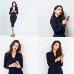 **elegant Asian businesswoman aged 25-27, long light brown hair, wearing a navy professional outfit, red lipstick and long red nails, standing at 45-degree angle, interacting with smartphone, looking composed and confident, clean white background, slight upward camera angle, soft studio light, minimal style, 4K realistic** - <@427615579231485956> (fast)
