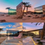 **a photo of the outside view from an iphone camera showing a modern architectural glass building in al ula with stone walls and pastel colors, palm trees around it, and sunset lighting. the picture was taken on the phone's front-facing camera. there is no text or symbols visible on the screen. in addition to that, there should be desert rocks and sand dunes in the background. it must look like an instagram post. --ar 59:128 --v 6.0** - <@960285567457841182> (fast)
