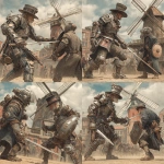 **Show me a steampunk Don Quixote set in Victorian London. He's a middle aged man in homemade armor augmented with steampunk facets he invented himself. He has a sword and shield and is facing off against a clever enchanter. There is a windmill in the distance. The fight is occurring in a Victorian workyard. Please show this using a photorealistic style** - Variations (Strong) by <@289174898964955136> (fast)