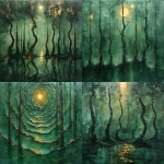 **Abstract green forest painting with twisted tree trunks, shimmering metallic reflections, layered textures of wood and moss, glowing gradients of green and gold, impression of a living landscape without realism, expressive brushwork, contemporary abstract art, square poster. --ar 1:1 --v 6.0 --stylize 1000** - <@1368687980944031764> (fast)
