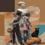 **A collage of an ancient Greek statue wearing modern Halloween fashion, standing in the Egyptian Museum in The Valley of Rosicrucian. She wears a black, white, pink, blue and grey patterned dress in the style of Gucci and her black cat and pumpkin next to it. A mahogany geometric graphic design inspired in the style of Thomas Gainsborough, using newspaper and other midjourney swag materials, flat perspective, muted colours, digital art techniques, mixed media, high resolution. --ar 57:88 --v 7.0 --s 250** - Image #4 <@1007106543935823902>