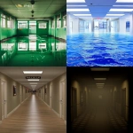 **a surreal endless fluorescent corridor that folds in on itself, office hallways merging into hotel lobbies, flooded with mirror-smooth reflective water, glowing EXIT signs floating midair, impossible staircases looping upside down, fog-filled empty rooms visible through open doors, vending machines emitting static light, faint reflections of unseen people on glossy walls, eerie symmetry, dreamlike volumetric haze, reality bending and collapsing, cinematic lighting, ultrarealistic textures, analog horror vibe, uncanny calm atmosphere, hyper-detailed architecture, Escher-like geometry, reflections behaving wrong, photo-real, long exposure glow, 35mm lens, --ar 9:16 --chaos 60 --v 6.0 --raw** - <@692146423638261810> (relaxed)
-# Create, explore, and organize on [midjourney.com](<https://midjourney.com/imagine?from_discord=1>)