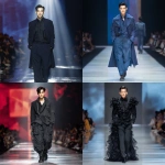 **full-body runway shot of a fashionable 30-year-old Taiwanese man, long-shaped face, fair pale skin, thick eyebrows, large expressive double-lidded eyes, naturally full lips, softly contoured cheeks not sunken; styled with bold smokey eye makeup and glossy lip color, paired with avant-garde fashion outfit, contemporary hairstyle; walking confidently on a glossy runway stage with cinematic spotlight, blurred audience in the background, dramatic high-fashion editorial photography style, sharp focus on makeup and hair, elegant and powerful vibe, no text, no watermark --ar 1:1** - <@1090872516857299025> (fast)