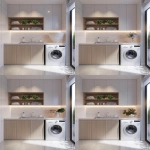 **modern apartment laundry room, one washing machine, sink, cabinets, light color palette, potted flowers, laundry products on shelves, clean and minimal design, bright natural light, cozy and organized, realistic, frontal view --v 6.0 --ar 4:5** - Variations (Region) by <@1095141824018010255> (fast)