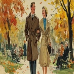 **a vintage illustration of an american couple in love, walking hand-in-hand through the park on a fall day with colorful leaves falling around them. the man is wearing a brown overcoat and black shoes, while the woman wears a long coat with a blue top underneath it and a hat. they both have happy expressions. in the background, there are people sitting on benches and trees with autumn foliage. --ar 64:35 --v 7.0** - Image #1 <@1142201622697623682>
