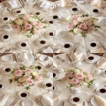 **simple, yet elegant tabletop, view is looking down on it, elegant ivory linen tablecloth, centerpiece of pink and white roses, six (6) steaming coffee cups symmetrically place at each table setting --ar 2:3 --v 7.0** - Variations (Strong) by <@1141845422852280493> (turbo)