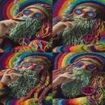 **crochet art portrait of a 1970s festival hippie man, multicolor braided yarn hair, colorful crocheted bandana, fiber-stitched round glasses, crochet peace-sign necklace, relaxed pose holding a crocheted joint with neon spiral yarn smoke, psychedelic swirl crochet background, highly detailed yarn texture --ar 9:16 --v 7.0 --p 1fxx8tw --s 50** - Variations (Subtle) by <@1009891323421138996> (fast)