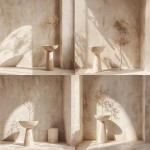 **Studio-style interior photo for furniture catalog use. A single empty plant stand or pedestal centered in the frame. The pedestal is completely empty. No items on top. No plants. No decor. No accessories. No objects of any kind on the stand or surrounding surfaces. Minimal boho interior design. Light neutral palette (off-white, soft beige, pale wood). Simple plaster wall background. Clean floor or tabletop surface with nothing placed on it. Bright diffused studio lighting, flat, even illumination, no directional light, no visible shadows, low contrast. Symmetrical composition, centered framing, large negative space, product documentation photography style, furniture design catalog aesthetic, DSLR quality, 50mm lens. --ar 4:3 --v 6.0 --chaos 0.5 --raw** - Variations (Strong) by <@1090435486935433258> (fast)