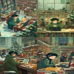 **a boy with short black hair and a green overcoat is working on his laptop in the library, wearing headphones. there is a colorful cat sleeping next to him. people are hanging out around them, smiling. a christmas tree is nearby, and books are all over the shelves. snow is falling outside the window, in the style of ghibli, with a cartoon style, colorful and happy vibe. it's a detailed, close-up shot of the man and his computer screen. --ar 9:16** - <@409716268476923920> (fast)