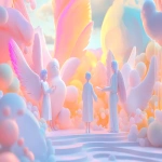 **3d pixar styled happy angels talking to lovely humans in an futuristic atmoshpere, pastellique colours --ar 3:2** - Image #3 <@606497250041921572>