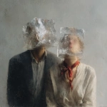 **Heads in transparent ice blocks,painting, surrealism, René Magritte The Lovers Paris 1928 Wearing snowflake macrophotography fabric, red love letters from the heart <@1077492926550134864> --v 7.0 --s 750 --p 3yk8su5** - Image #1 <@1077492926550134864>