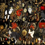 **a happy curious adorable netsuke kitty cat exploring a crazy gold leaf nature jungle world of apple worm peanuts flowers birds cheddar cheese moth, tornadic scan lines by jack whitten --v 6.1 --p tn2xxqf --sref <https://s.mj.run/AruJD-ll-Ac> <https://s.mj.run/UYjfoh6TeLU> <https://s.mj.run/r8dknsmM5M0> --cref <https://s.mj.run/YLW5u05qWW0> --cw 22 --q 2 --ar 53:40** - <@1059292469474373672> (fast, stealth)