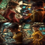 **Star Trek Uniforms reimagined in the style of belle epoque ; background on the Enterprise’s Bridge ; in the style of cinematic style photography, photorealistic images, ray tracing, subsurface-scattering, realistic lighting, live action 3D rendering --v 7.0 --p 7u4x1qi --ar 3:5** - <@1018138887199129620> (relaxed)