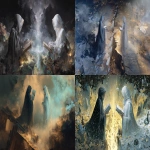 **A surreal allegorical scene, two opposing figures one in a dark, veiled cloak holding ancient scripts etched in soot, the other in a luminous glass cloak carrying silver-spined books facing each other across a fractured landscape, light and shadow blending into a single point of radiance, symbols of witches, druids, and indigenous peoples woven subtly into the terrain, nature intertwined with futuristic technology, ethereal, high detail, cinematic lighting, painterly texture, dramatic contrast, mystical and political undertones --ar 16:9 --v 7.0 --q 2** - <@876267919003238460> (fast)
