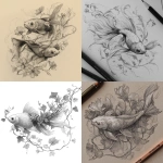 **long and flowy fish, wrapped in vines and florals, pencil sketch, realistic --v 7.0** - <@1202707032818458747> (fast)