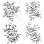 **A4 professional flash sheet of floral tattoos on a pure white background, designed with high artistic precision in realistic fine line style. Include 6 to 10 individual designs, each centered on roses as the main element, carefully arranged to create a balanced, elegant and clean composition. Each design should be approximately 10 centimeters tall, with realistic proportions and fine, continuous linework. The roses must display accurate botanical anatomy: soft overlapping petals, natural curvature, and organic depth. Stems should be thin and elegant, with subtle thorns, while leaves should have fine inner veins and smooth edges, drawn with delicate and precise strokes. Each composition can vary some featuring fully bloomed roses, closed buds, or small arrangements combining leaves and stems. The overall layout should allow the viewer’s eye to move fluidly across the page, maintaining clean spacing and harmony. Use single-density linework for main contours, and soft dotwork or micro-shading only for subtle shadows mainly within petals, under overlaps, and at the junctions of stems and leaves. Avoid solid fills or harsh contrasts; focus on lightness, transparency, and elegance. The composition should resemble a professional tattoo flash sheet, with clean margins and evenly spaced designs. The background must remain pure white, emphasizing line precision and clarity. Ensure stylistic consistency across all designs: same lighting, level of detail, and anatomical accuracy. Every rose should convey refined botanical realism, balanced with a minimalist fine line aesthetic. Keep lighting neutral and diffused, applying subtle grayscale tones to enhance form without overpowering the composition. The final result should feel like a studio-grade tattoo flash sheet, ideal for [...]** - Variations (Strong) by <@1392638879055613974> (fast)