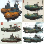 **a dnd style concept art of two feudal japan iron and wooden space submarine, have different number in the hull, same size but not identical, dark industrial scifi style, labeled as marine with small hi-viz lime hazard markings, mechanical details, Japanese characters, realistic look, moody atmosphere, a little bit foggy, signal towers, various size nobori, have japanese anime mural on the hulls, signal cabbles, on a white background in the style of Studio Ghibli and Makoto Shinkai, cel-shaded, full-body, cartoon, 2D game art --ar 4:5** - <@1043498067623686144> (fast)