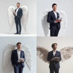 **Asian businessman with light brown hair, navy suit, looking straight ahead, smiling softly, holding an iPad in one hand, hand in pocket, large white angel wings, studio setup with soft white lighting, minimal and clean background, low angle shot, modern corporate photo style, 4K, high realism** - <@427615579231485956> (fast)