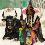 **Warrior witch thundersnowpunk with long braids and stylized warrior witch’s hat and bull companion in the snow --sref 1999999999 1999999991 416557976 2252558232 698008135 1078492728 2187294478 217414415 416417418 7337 80085 696969 47 73 97 100 --sv 4 --niji 6 --p grjlt42 --raw** - Image #1 <@948741381743083580>