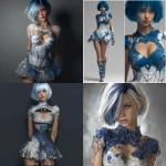 **3d concept art of a beautiful young woman with a blue and white bob hairstyle, wearing a battle-worn dress covered in spider webs, with a heart-shaped hole on her chest, looking directly at the viewer, gladiator heels, in a close-up view. --v 7.0** - <@450898678975168513> (fast)