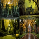 **spooky halloween background, yellow and green hues, university of oregon, --ar 16:9** - <@702598441976463381> (fast)
