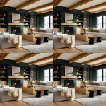 **editorial photo of a cozy moody living room with white glossy globe pendant light, ribbed glass-fronted and oak ribbed shaker cabinetry with brass sleek cylindrical handles, an exotic forest green granite fireplace with bold veins, white modern sofa and accent chairs, large ribbed oak coffee table, beige knitted throw blankets and throw pillows, black ribbed round end tables, Natural oak plank flooring with a traditional light green rug, oak ceiling beams. ARRIFLEX 35 BL camera, high definition quality, Canon K35 Prime Lens, bright and airy --raw --ar 4:5 --v 7.0** - Variations (Region) by <@1230559318680670299> (fast)
-# Create, explore, and organize on [midjourney.com](<https://midjourney.com/imagine?from_discord=1>)