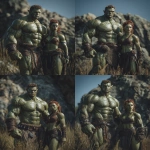 **Realistic 3d rendering. Full body portrait of two characters. ruggedly handsome, Hyper muscular handsome twin green skinned orcs, bright silver eyes, short curly redred hair, short pointed ears, defined muscles, pronounced features, hyper muscular, wide Grecian nose, strong square jaw, defined cheek bones, masculine features, freckles. Bodybuilder. wearing a tight short leather skirt. His oiled skin glistens under intense studio lighting. A strong camera flash highlights the shine on his muscles, creating bright reflections on his body, arms, and thighs. Retro fitness photography style, slightly exaggerated lighting contrast, 90s magazine aesthetic, center-framed, studio portrait shot. Standing and posing in a sunny rocky field. --ar 5:6 --v 7.0** - Variations (Strong) by <@1222981214734913607> (relaxed)