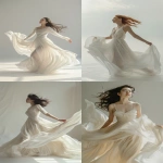 **graceful model wearing flowing gown in PANTONE 11-4201 (Cloud Dancer), airy movement, soft off-white fabric, ethereal light, minimalist background, elegant fashion photography, cinematic and refined --ar 2:3 --v 6.0** - <@1124732812239589386> (fast)