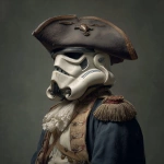**a stormtrooper dressed as a revolutionary war hero, he wears a tri-fold hat** - Image #2 <@991616868857172059>