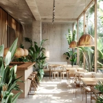 **A minimalist tropical restaurant design, seamless indoor-outdoor flow, white concrete walls, warm wood slats, lush indoor plants, rattan furniture, soft natural sunlight, serene atmosphere, architectural visualization --ar 3:2 --v 6.0** - Image #4 <@1296729788215595112>