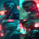 **realistic cyberpunk black female at night in a neon city background, red and turquoise. Strong with light from above, on the face. High contrast. The female is looking towards the camera 3/4 view, she has braids and a side shave, glowing eye cyber gear, glowing ear cyber gear. --ar 9:16 --v 7.0** - <@1174469651695144981> (fast)