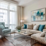 **interior design of a model unit showing the living area in french country style. walnut wood floor. light brown 3-seater sofa. teal, light blue and beige throw pillows. french provincial lounge chairs. sheer white curtains. artwork with teal still life painting, modern gray area rug, abstract painting in teal and white, light rustic brown wood, metal legs for the lounge chairs --v 7.0** - Image #4 <@1231814052913877045>