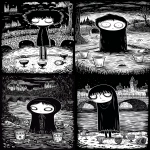**Five of Cups tarot card by Sarah Andersen. The image is black and white and depicts a mysterious young man in a black cloak standing with their head turned away, looking at the ground. Three cups lying on the ground and two cups stand on the ground on each side of the figure, and a river flows behind them. In the bottom left corner, there is a small stone bridge and a city or castle can be seen in the distant background. all set against a black background, and the overall design is simple yet striking, in the style of Sarah Andersen. --ar 3:5 --v 7.0 --p fllp7es** - <@409716268476923920> (fast)